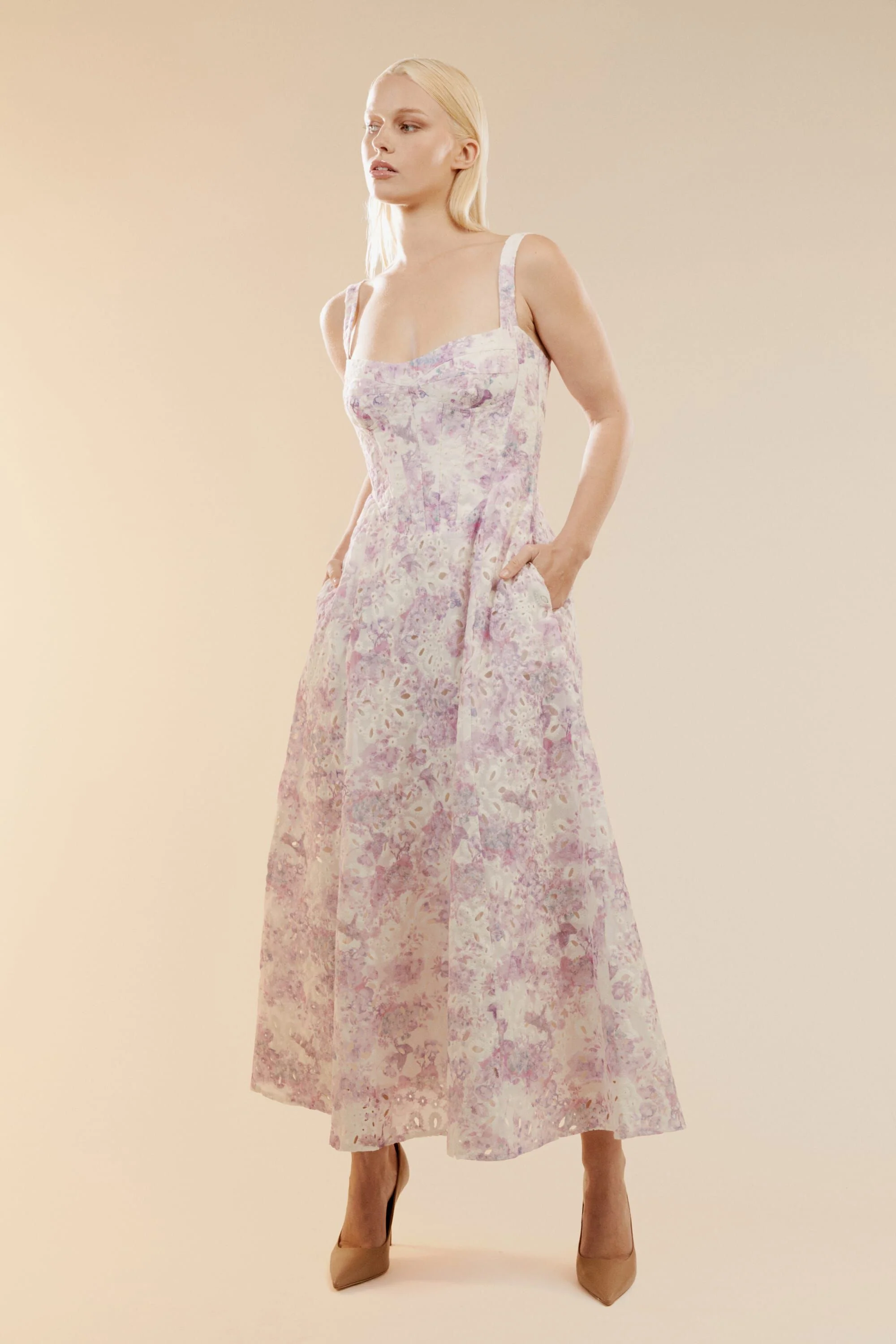 Adaline Broderie Midi Dress - Lilac Floral - Image 3