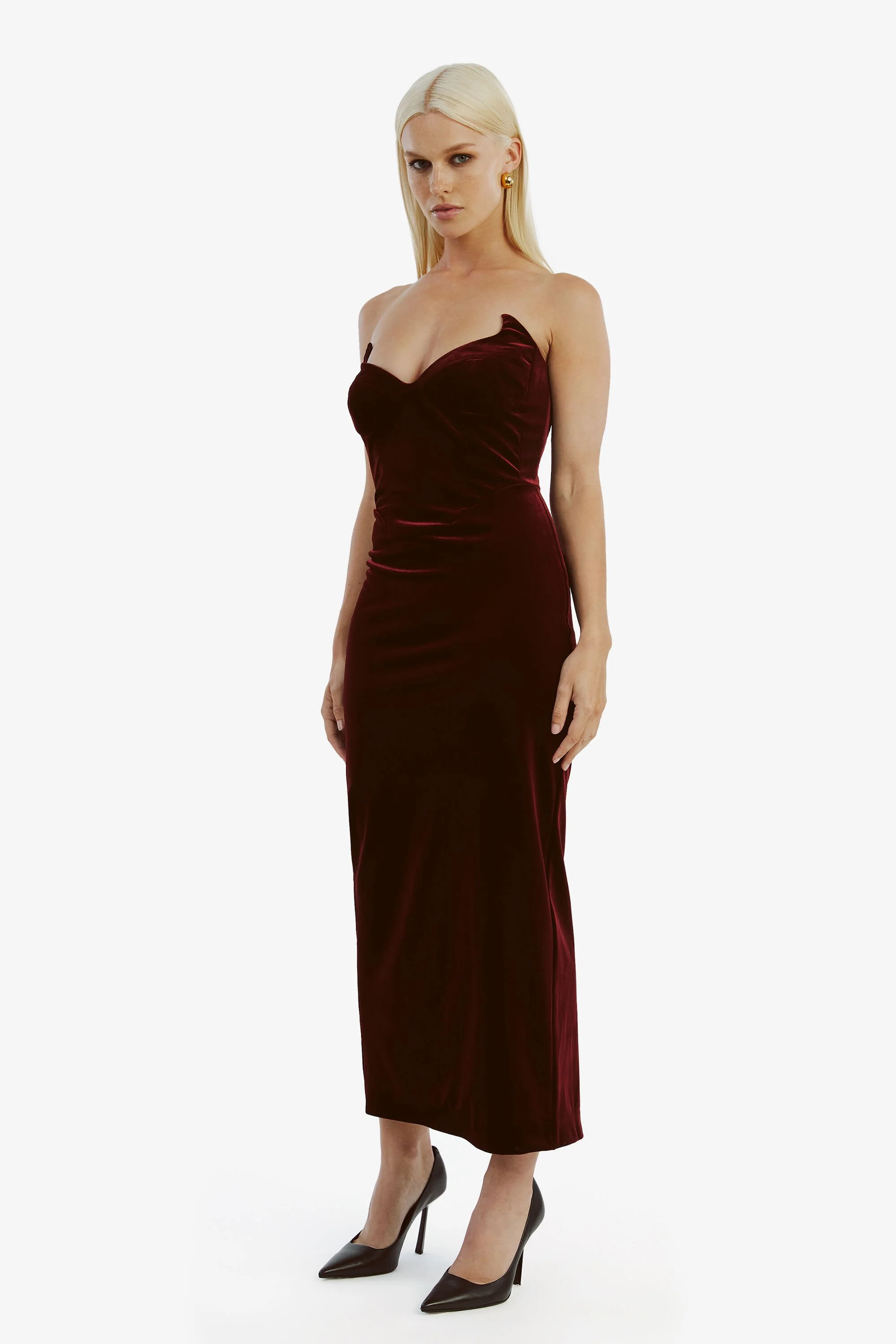 Camellia Velour Midi Dress - Burgundy - Image 3