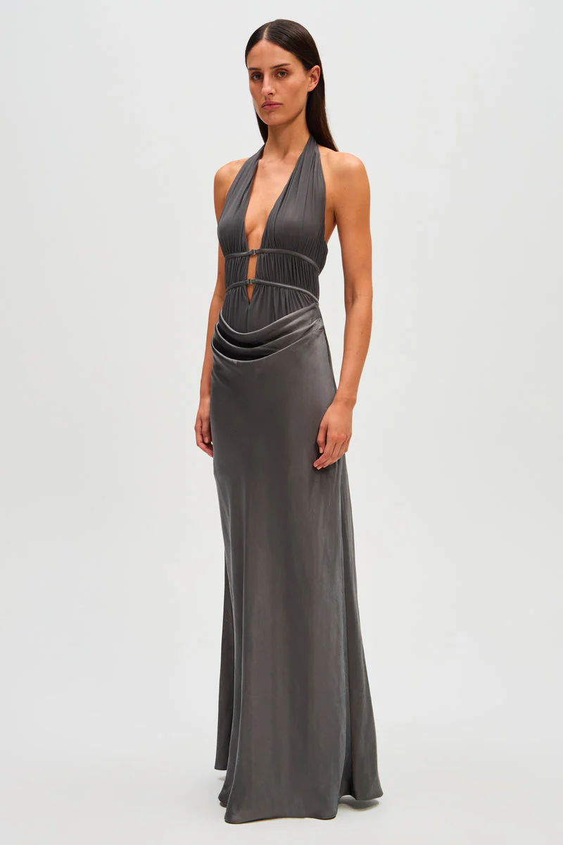 Celine Satin Maxi Dress - Pewter - Image 3