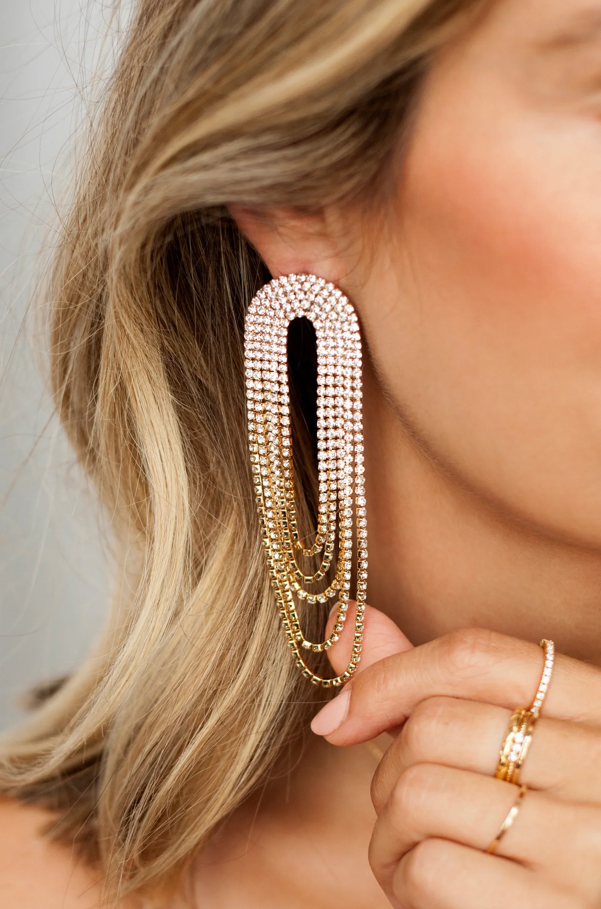 Crystal Drape Fringe Earrings - Gold - Image 2