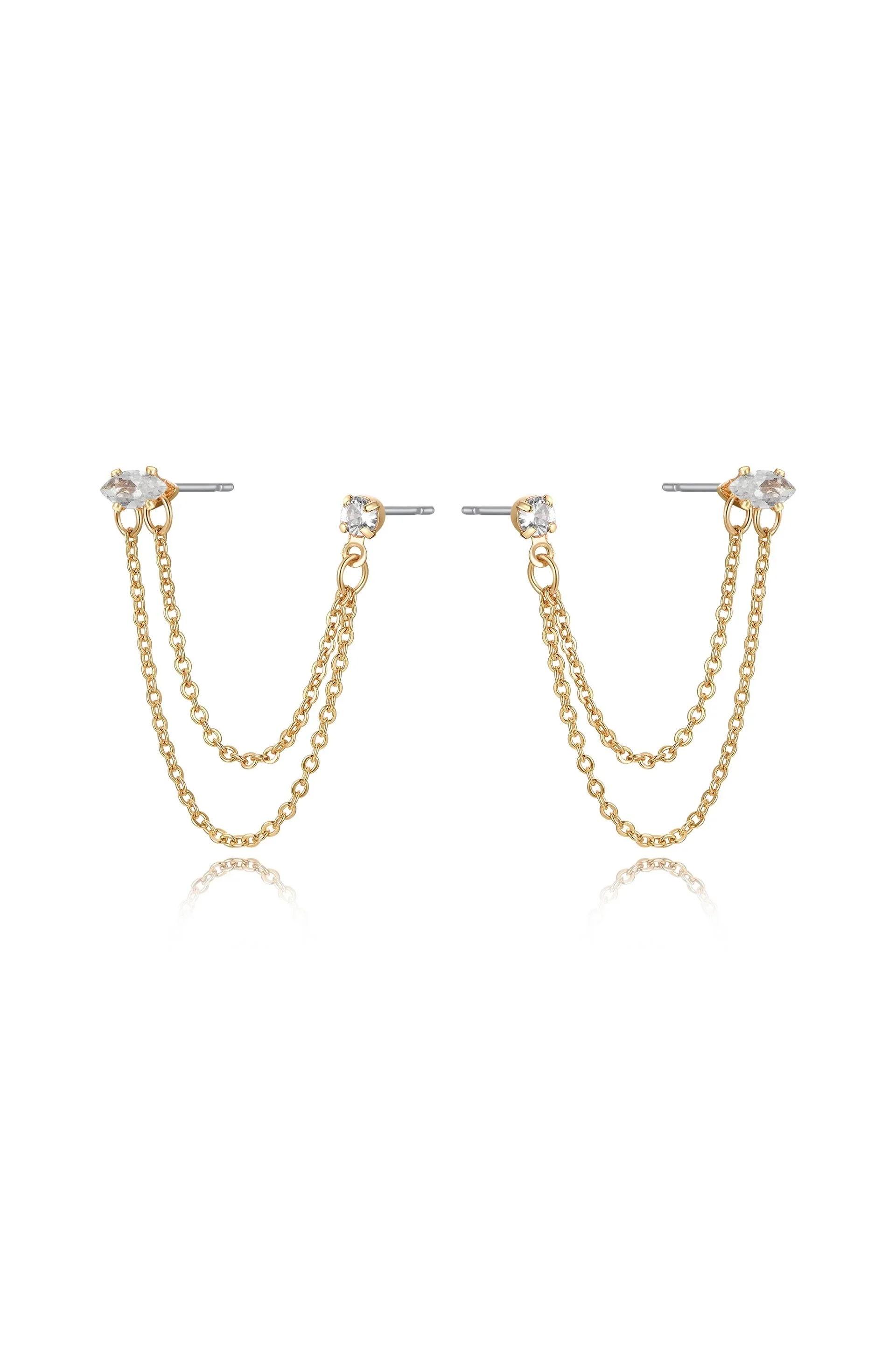 Double Piercing Chain Dangle Earrings - Clear - Image 2