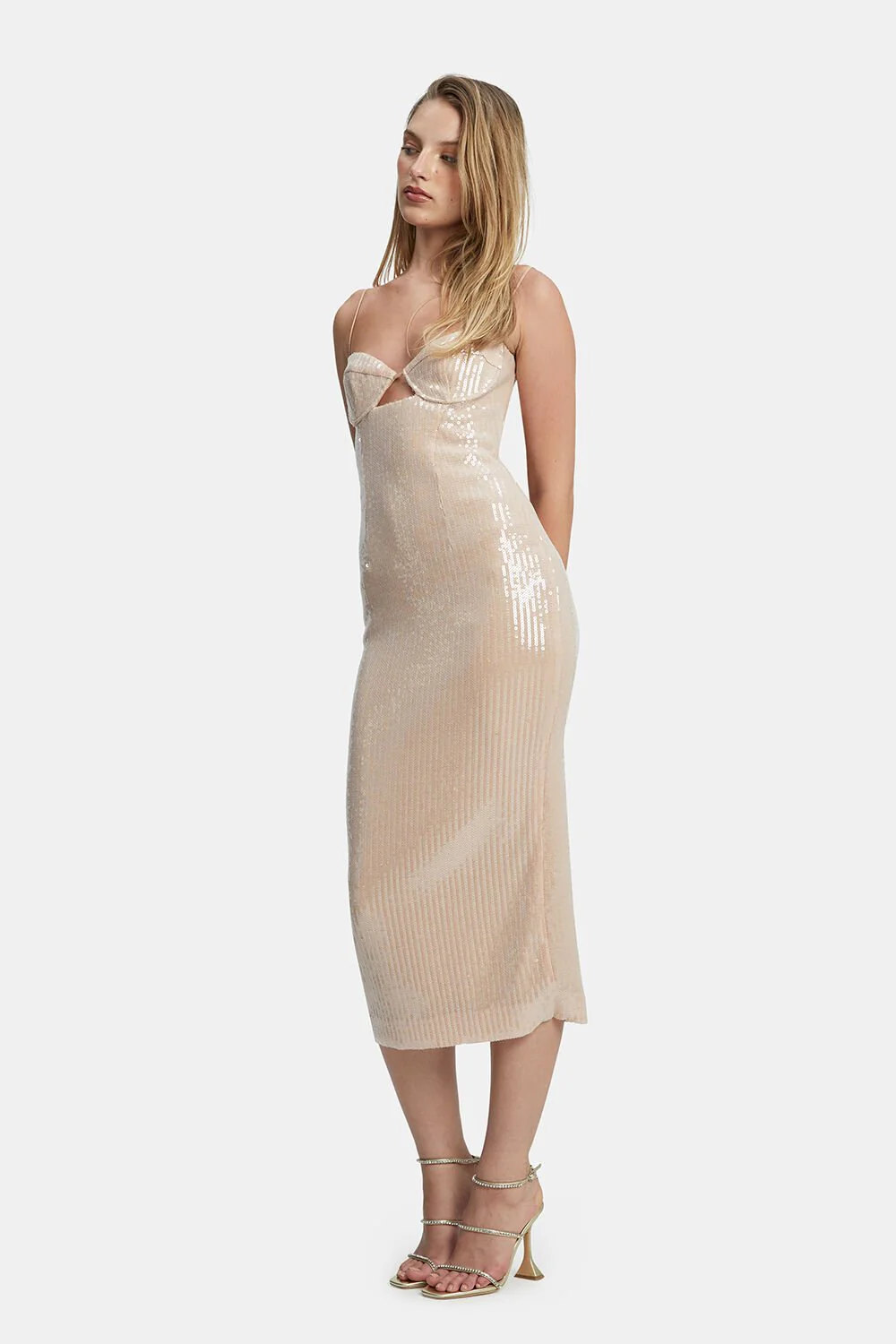 Luna Sequin Midi Dress - Nude - Image 3