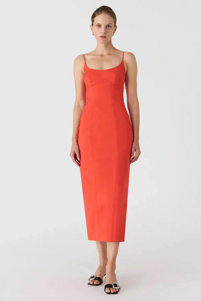 Misha Lena Sateen Midi Dress - Tangerine Red - Image 3