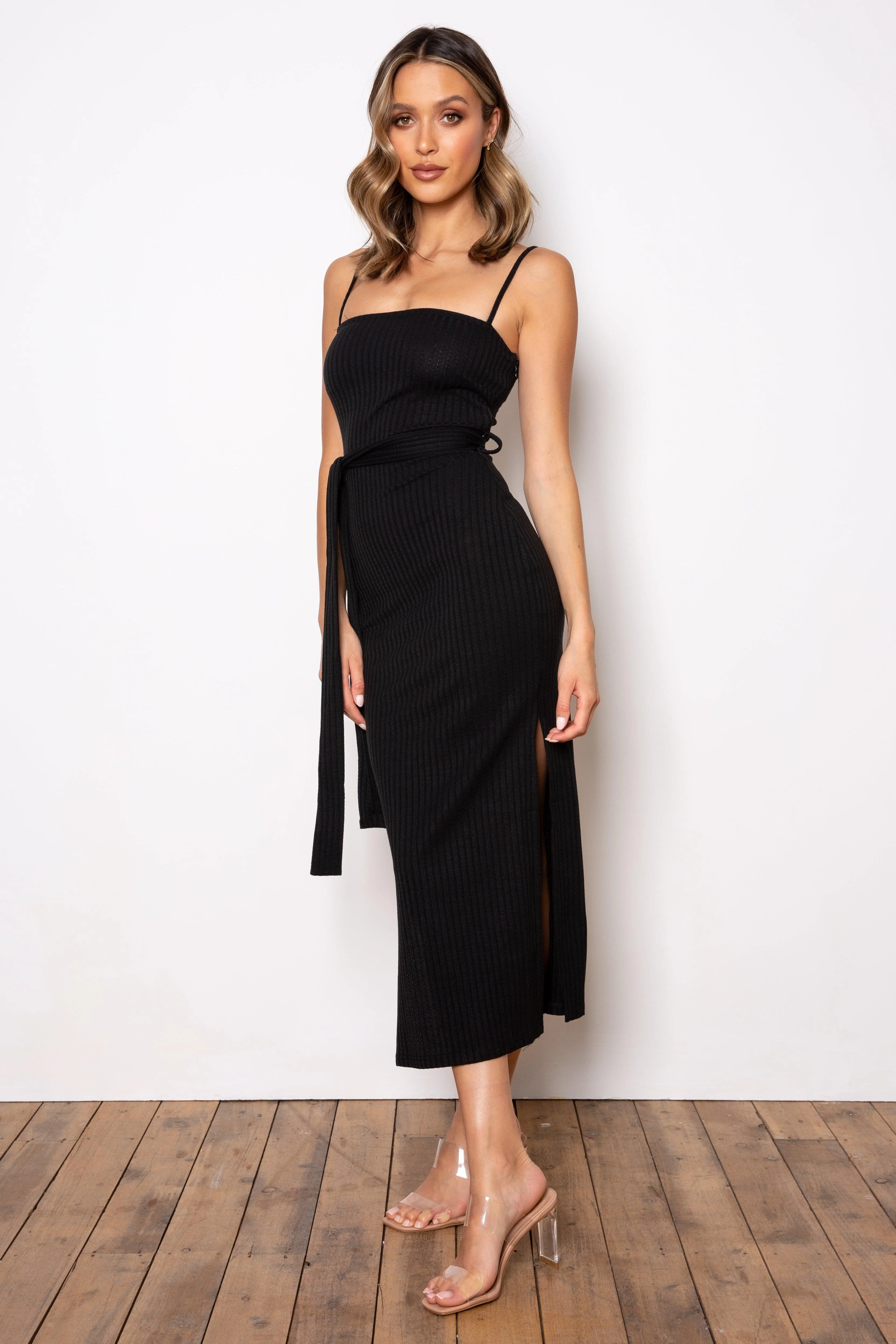 Rib Midi Dress - Black - Image 6
