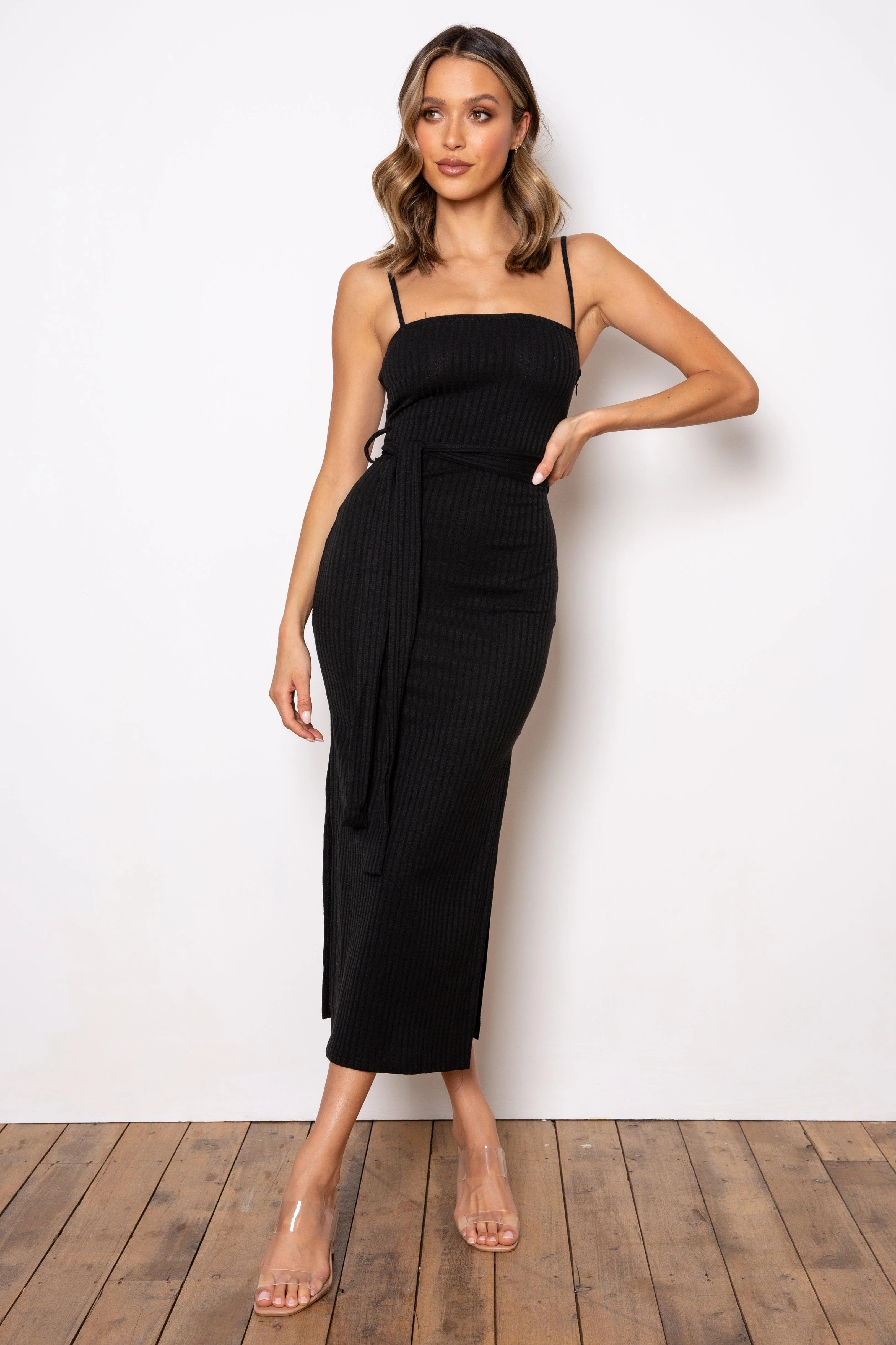 Rib Midi Dress - Black - Image 7