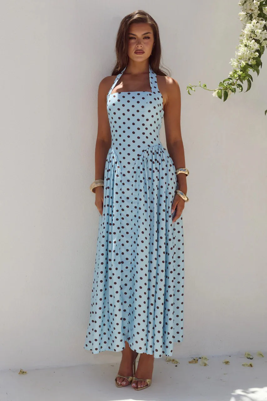 Sammi Midi Dress - Sky Blue/Choc Polka - Image 4