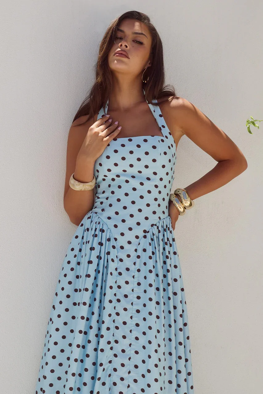 Sammi Midi Dress - Sky Blue/Choc Polka - Image 5