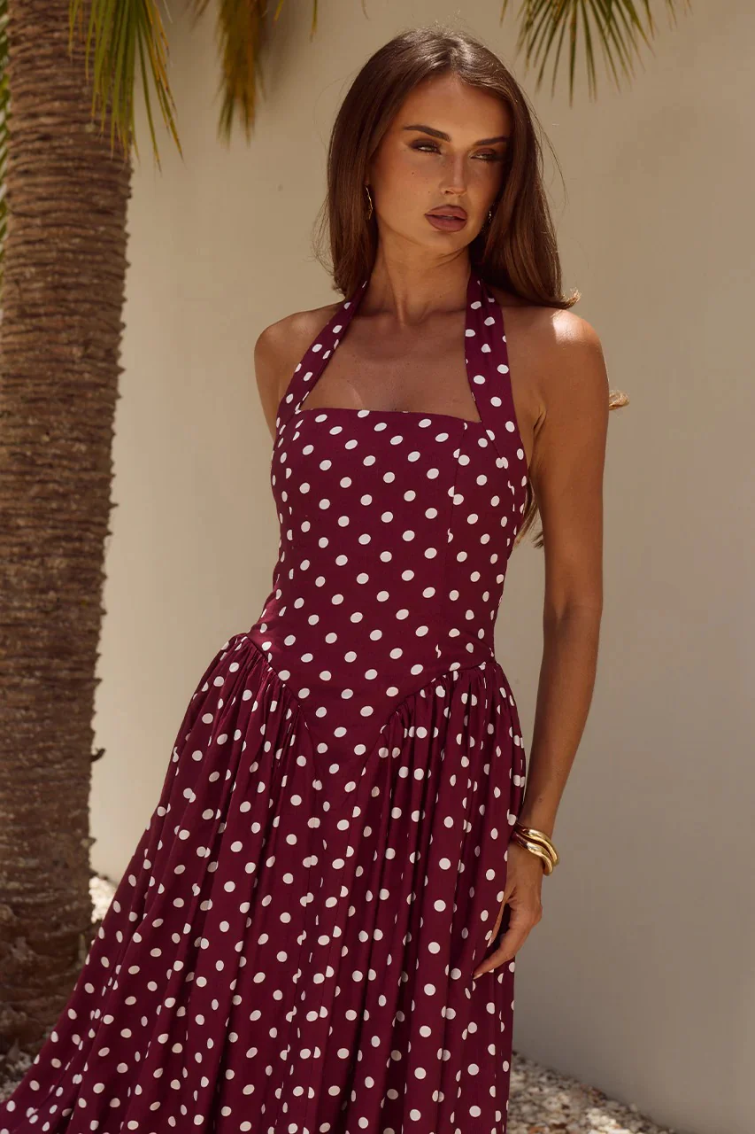 Sammi Midi Dress - Wine/White Polka - Image 4