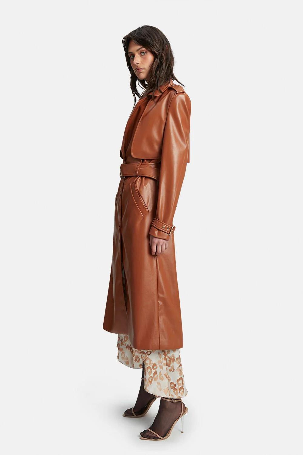 Vegan Leather Trench Coat - Tan - Image 5