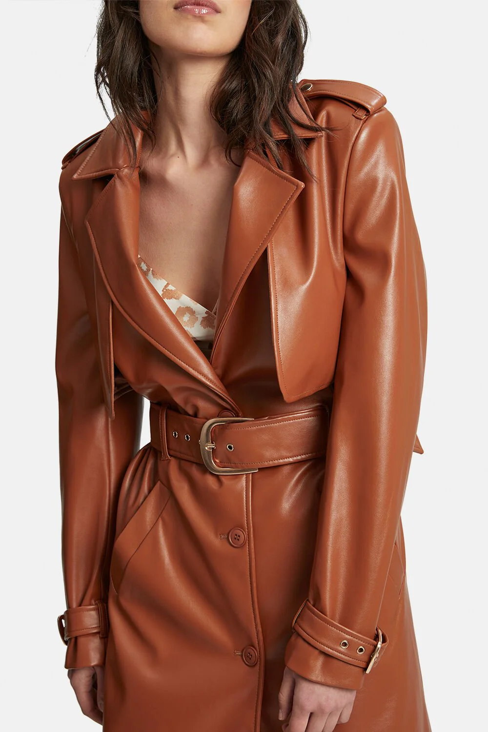 Vegan Leather Trench Coat - Tan - Image 6